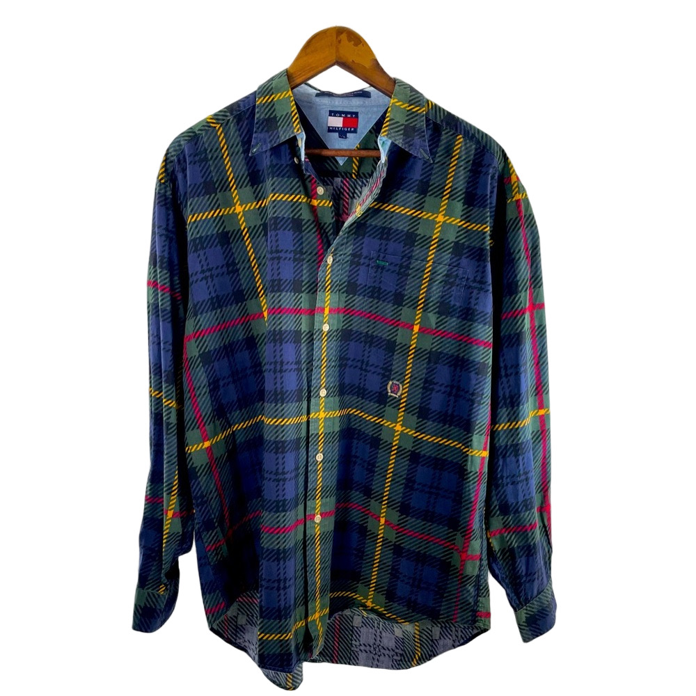 Men’s Large Vintage Rare 90’s Plaid Tommy Hilfiger Button Up Lion Logo Gold